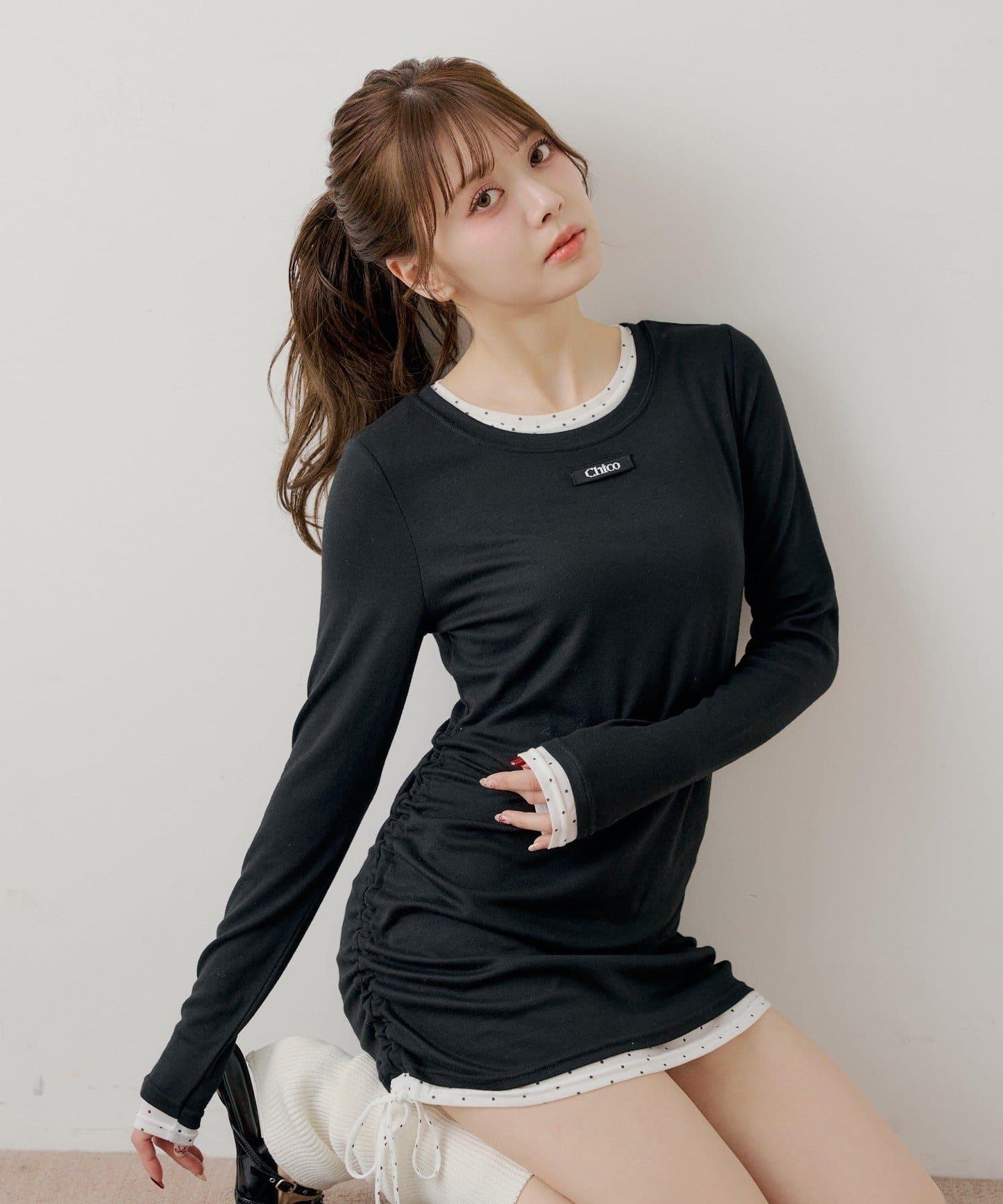 側抽繩層疊設計連衣裙