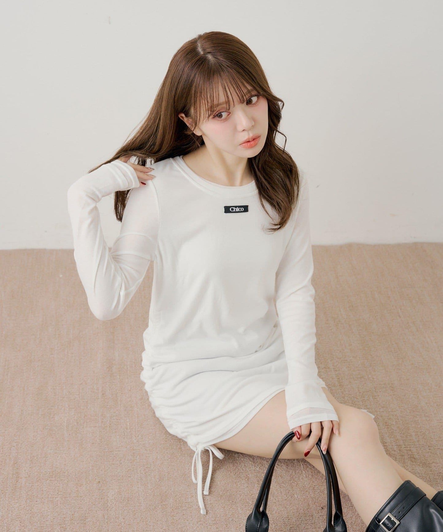 側抽繩層疊設計連衣裙