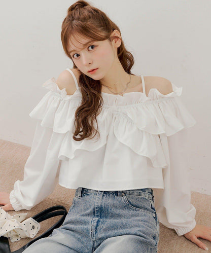 露肩兩穿荷葉邊襯衫