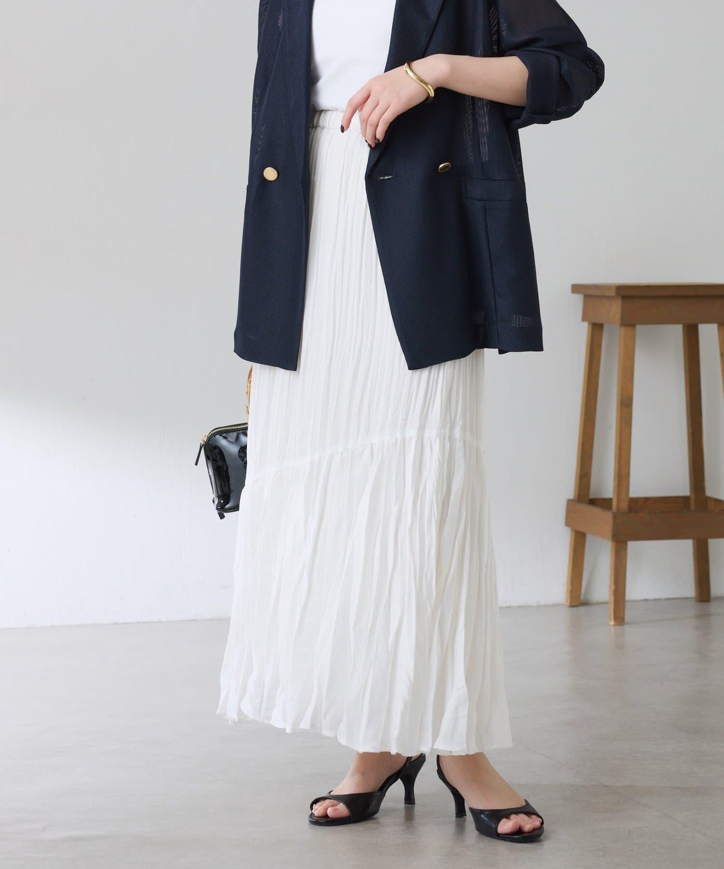 皺感斜向拼接半身裙