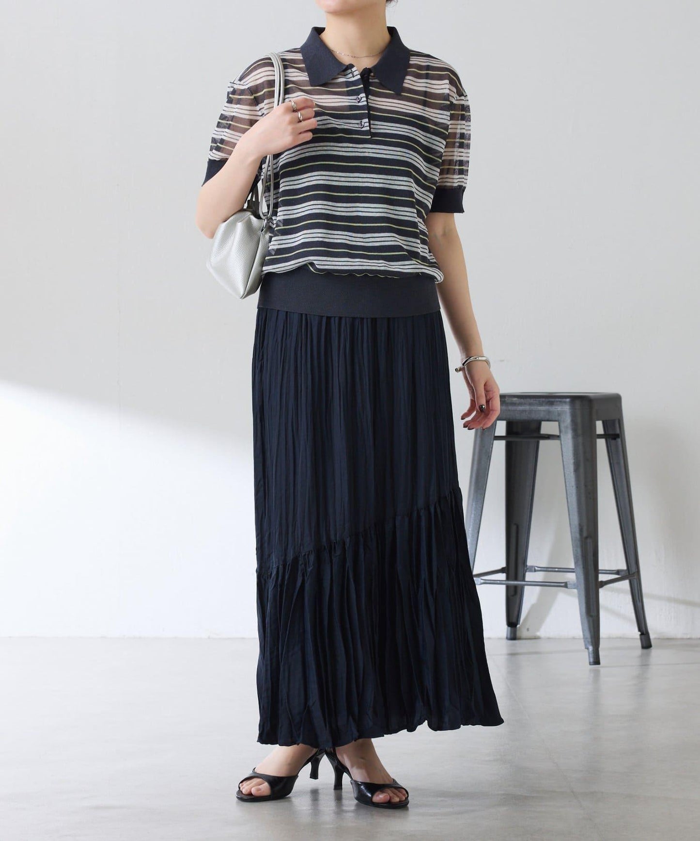 透紗條紋POLO領針織上衣