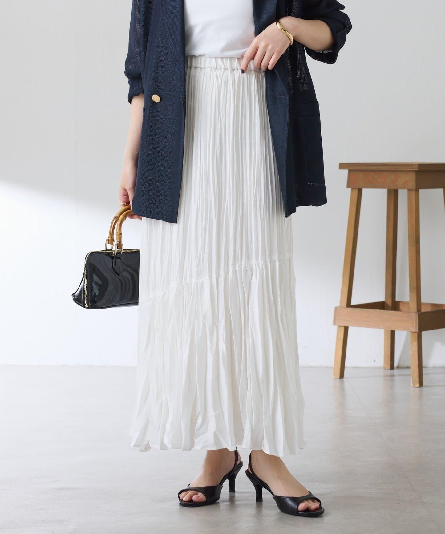 皺感斜向拼接半身裙