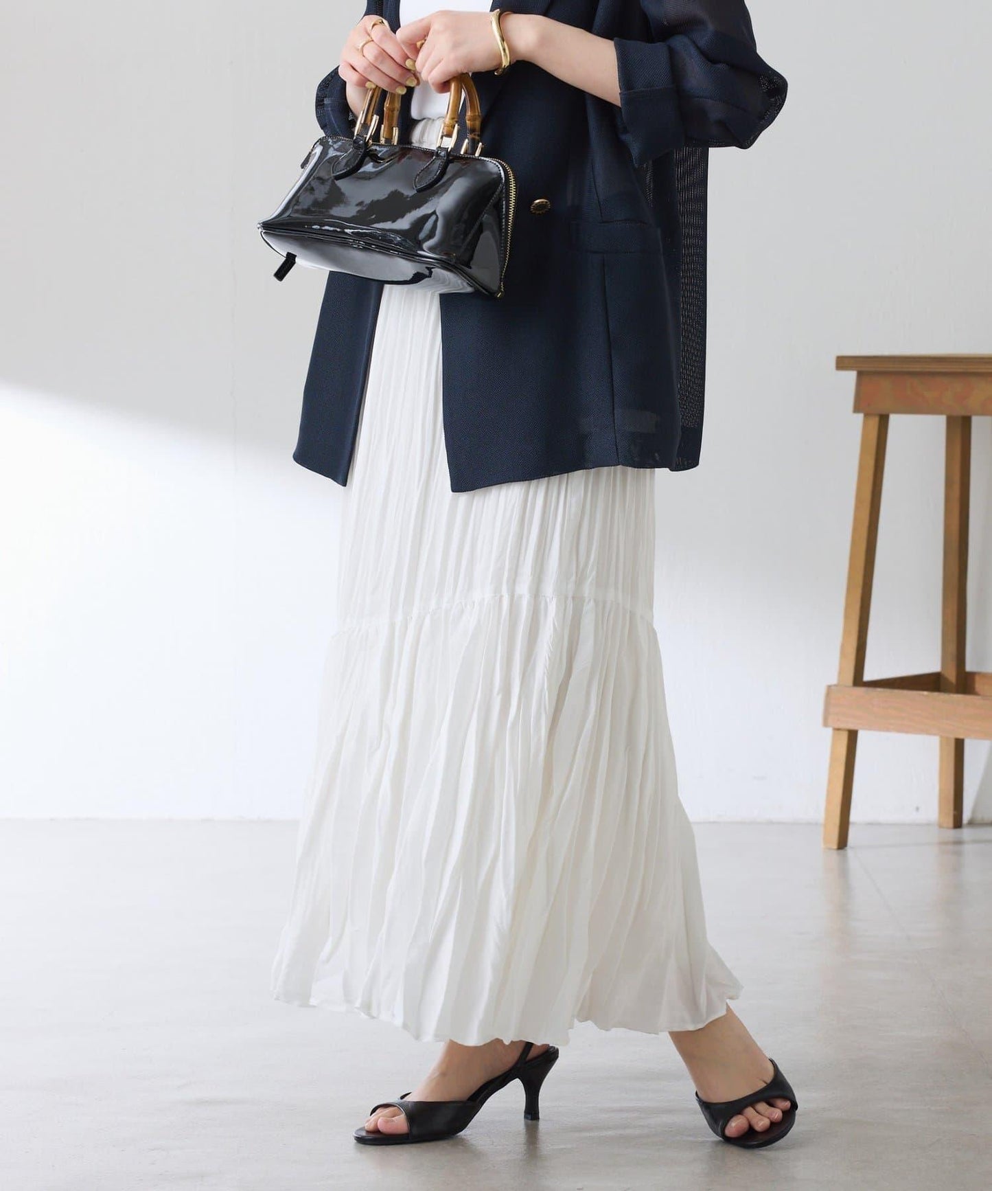 皺感斜向拼接半身裙