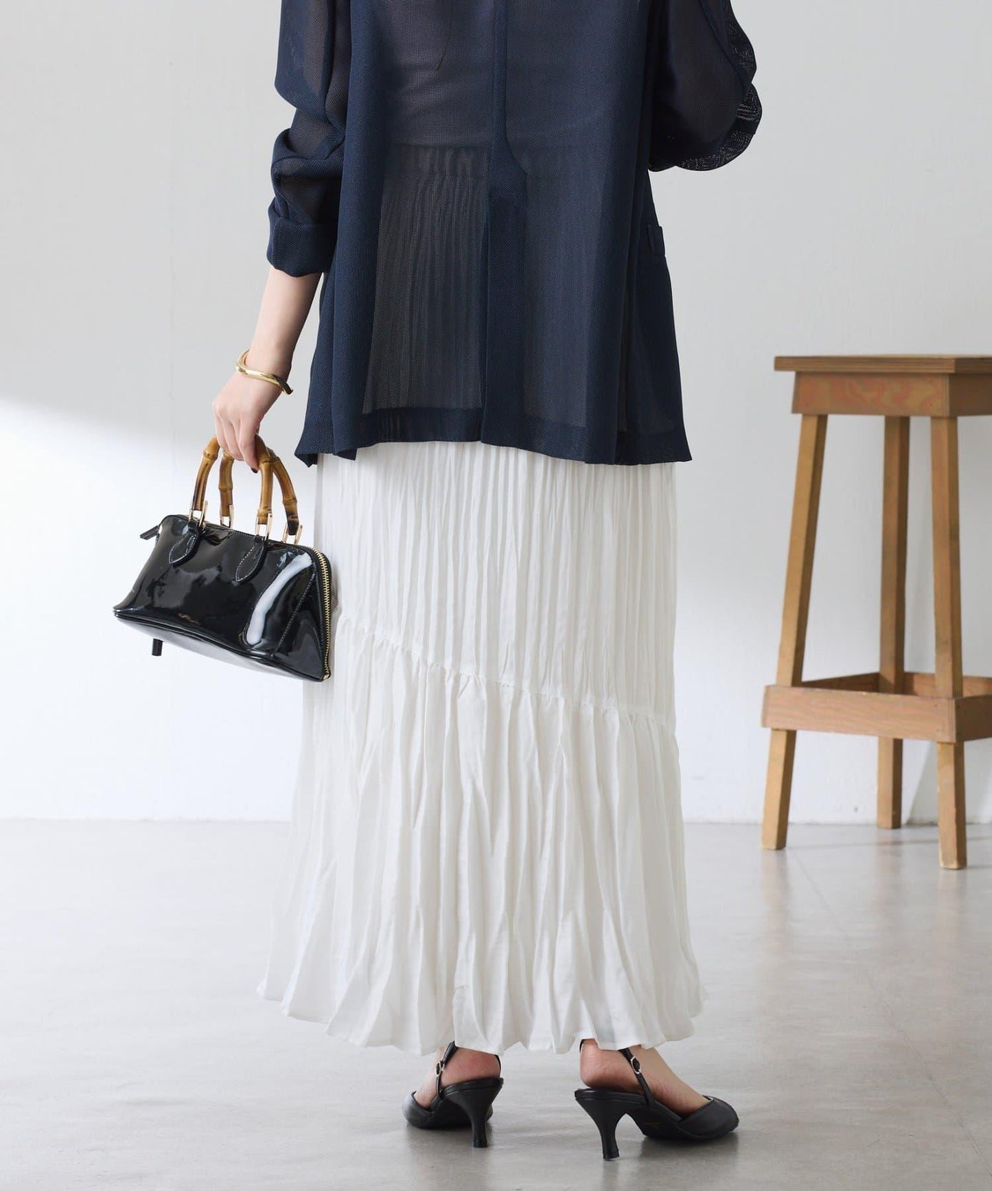 皺感斜向拼接半身裙