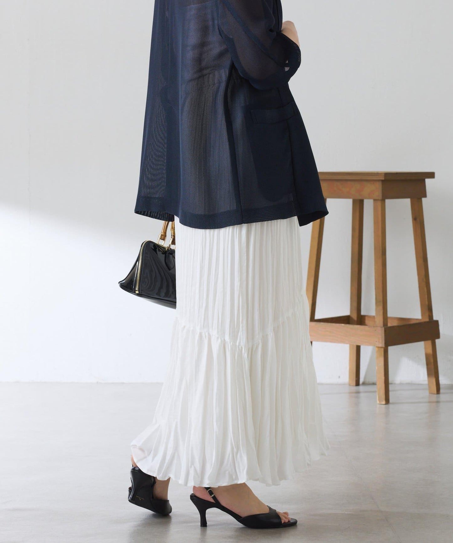 皺感斜向拼接半身裙