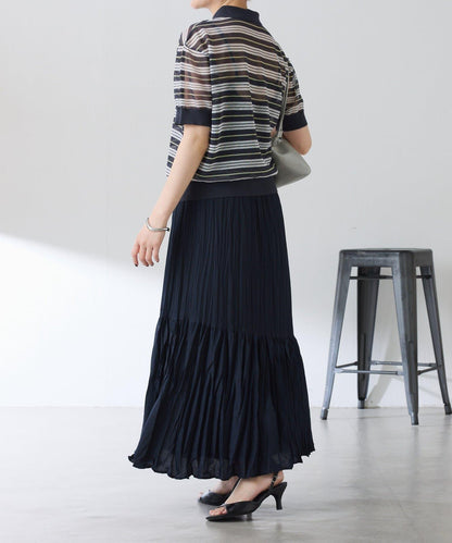 透紗條紋POLO領針織上衣