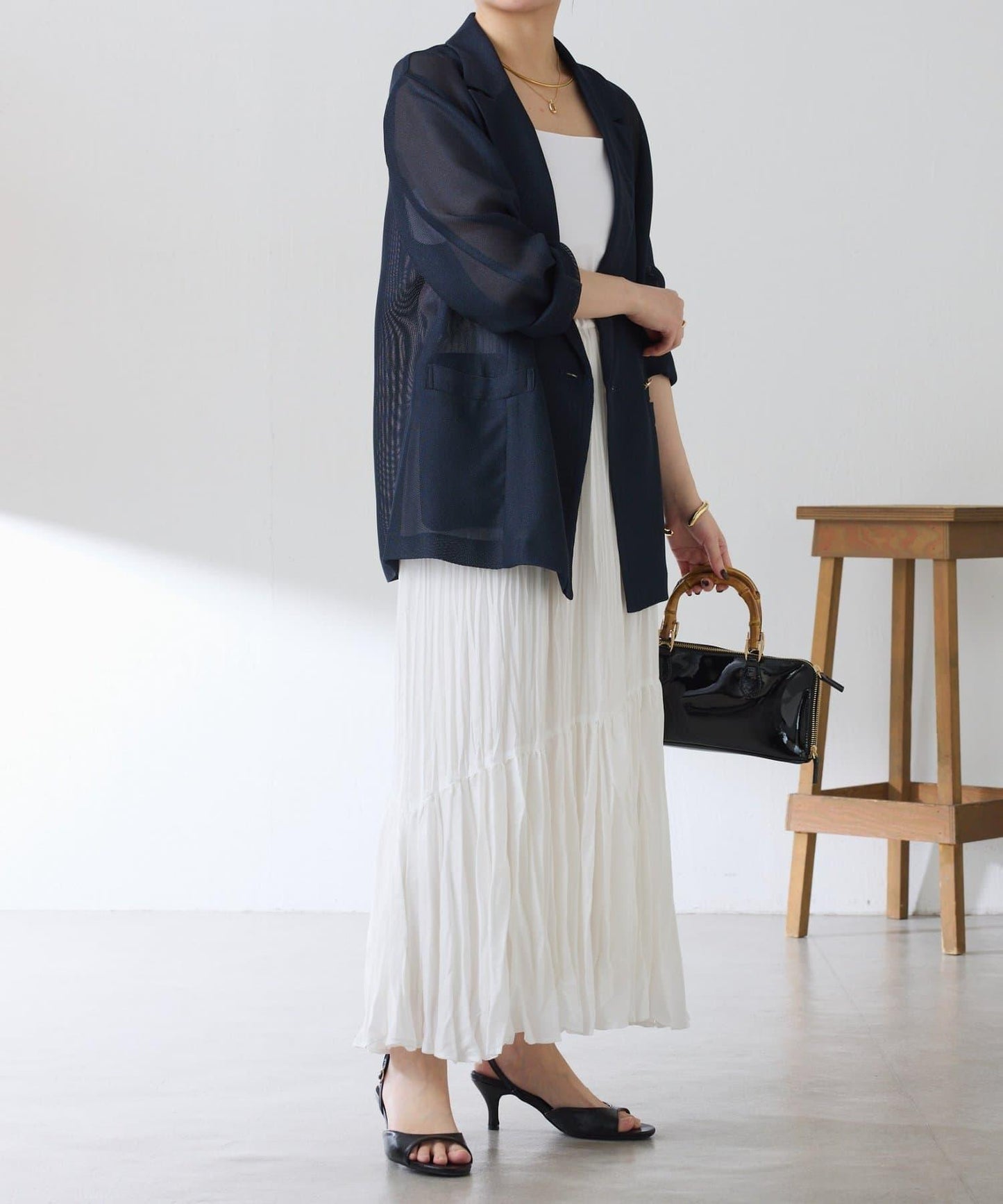 皺感斜向拼接半身裙