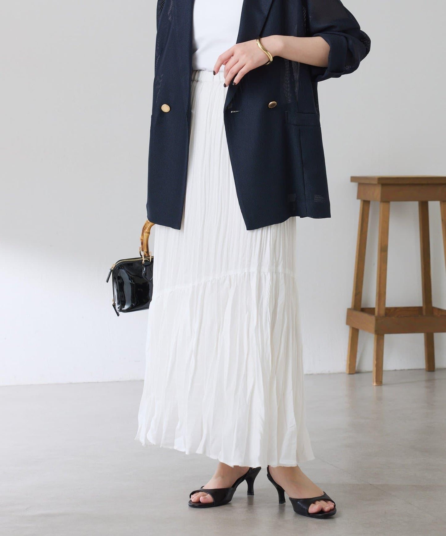 皺感斜向拼接半身裙