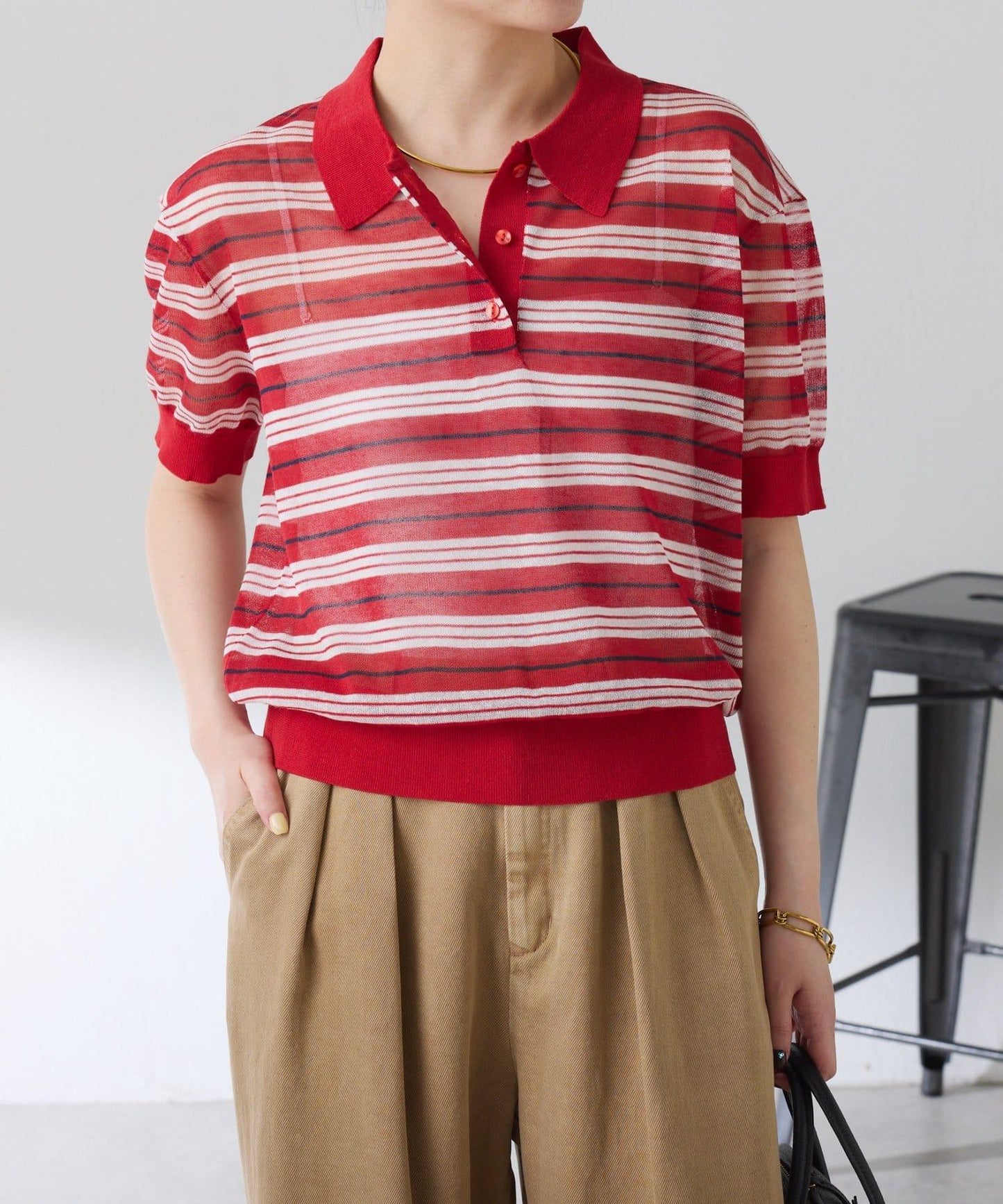 透紗條紋POLO領針織上衣