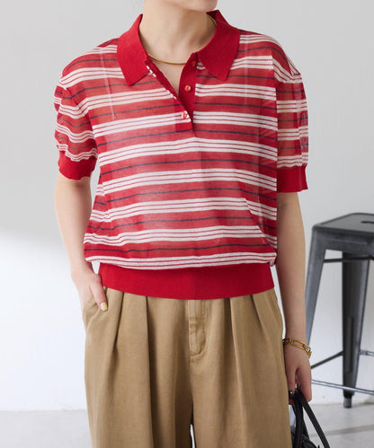 透紗條紋POLO領針織上衣