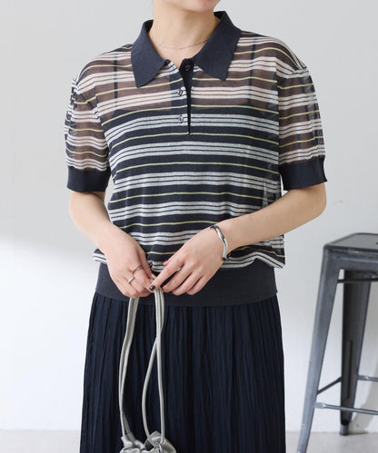 透紗條紋POLO領針織上衣