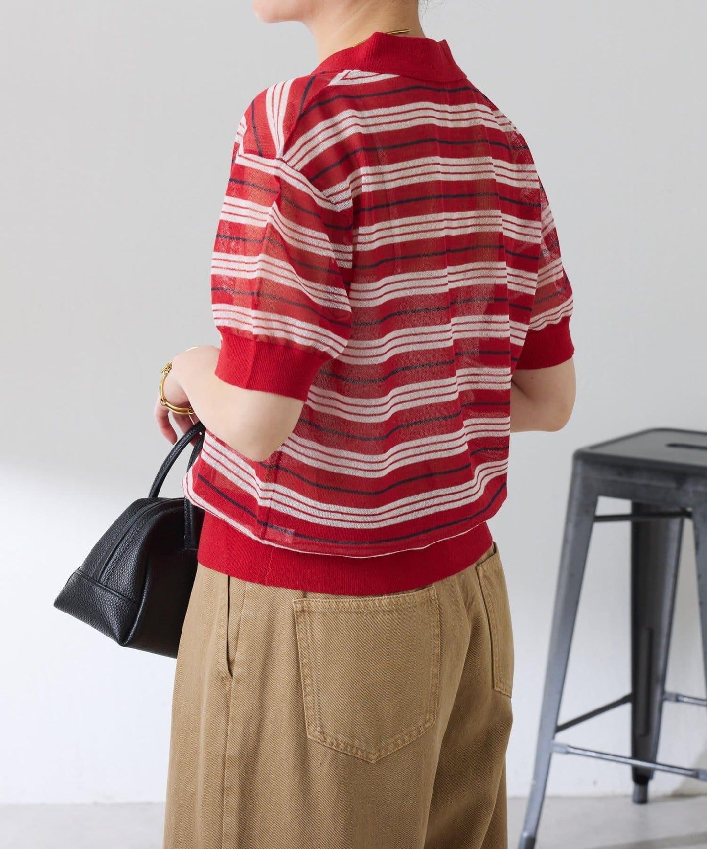 透紗條紋POLO領針織上衣