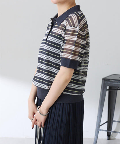 透紗條紋POLO領針織上衣