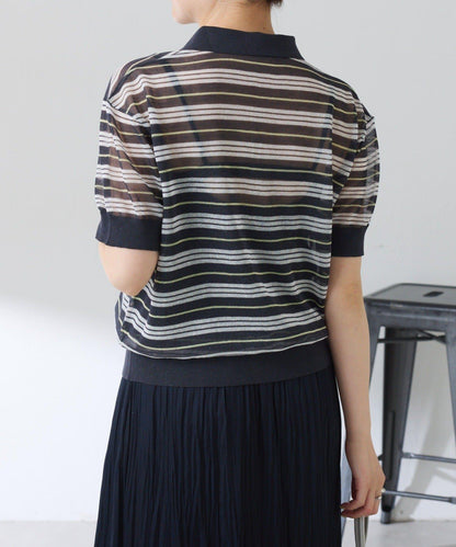 透紗條紋POLO領針織上衣