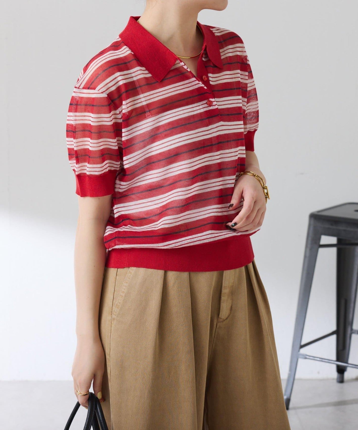 透紗條紋POLO領針織上衣