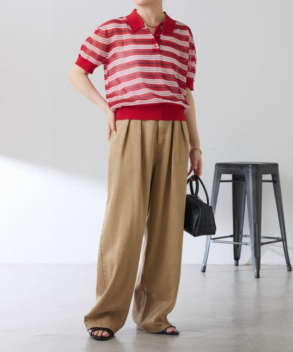 透紗條紋POLO領針織上衣