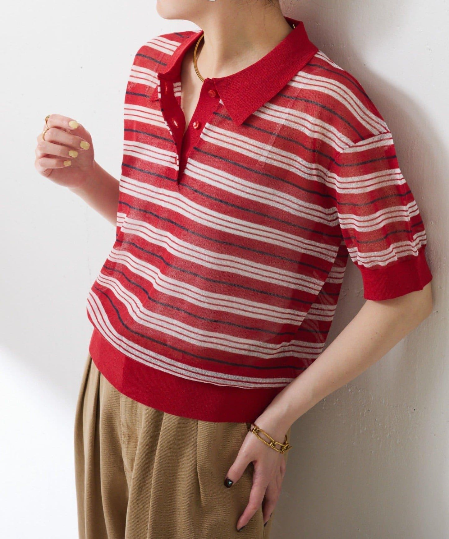 透紗條紋POLO領針織上衣