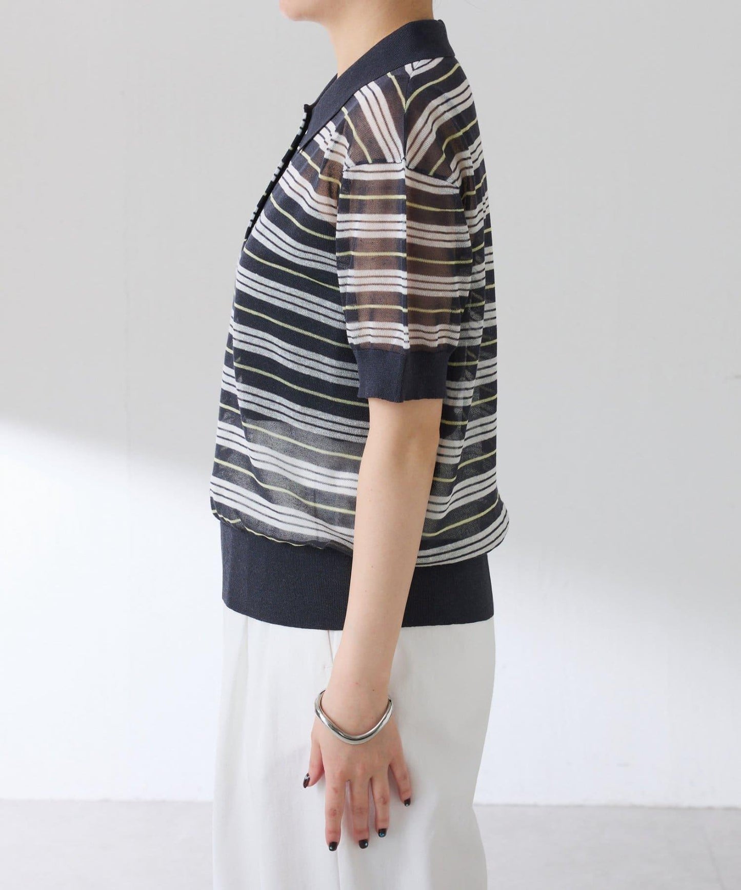 透紗條紋POLO領針織上衣