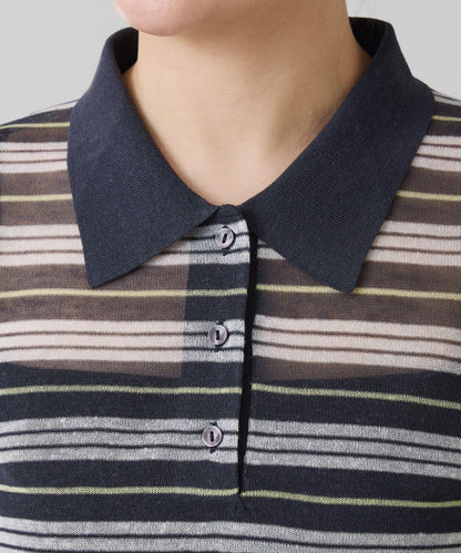 透紗條紋POLO領針織上衣