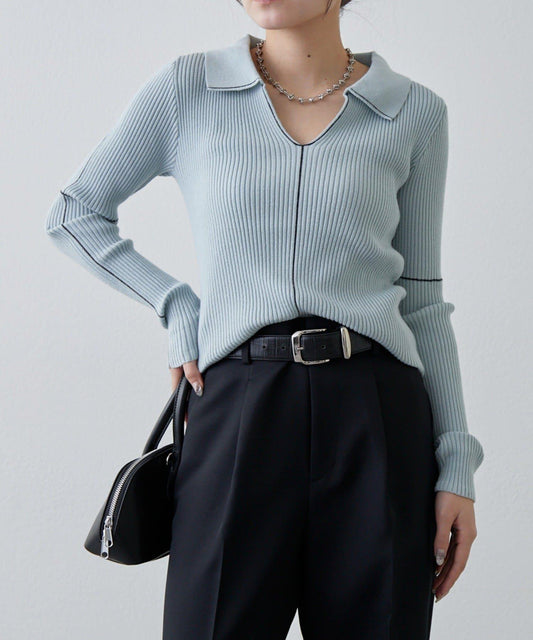 撞色縫線 開領 羅紋針織 上衣