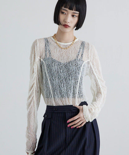 蕾絲袖褶皺上衣