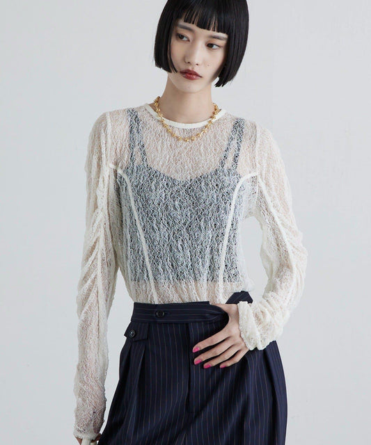 蕾絲袖褶皺上衣