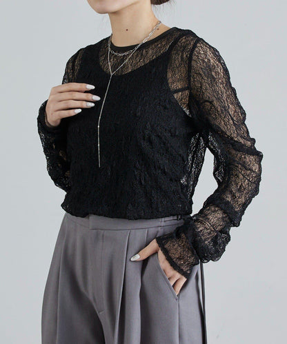 蕾絲袖褶皺上衣
