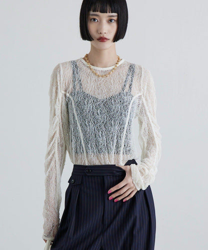 蕾絲袖褶皺上衣