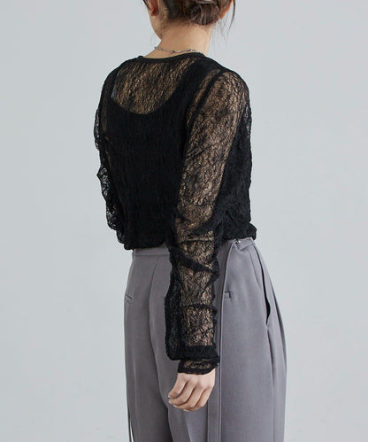 蕾絲袖褶皺上衣