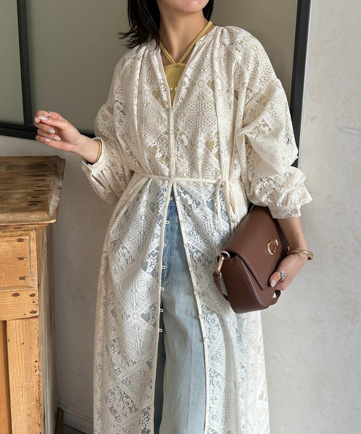 方塊蕾絲蓬袖連衣裙