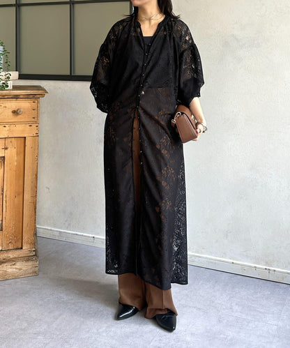 方塊蕾絲蓬袖連衣裙