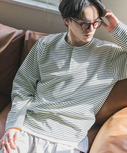 條紋亨利領長袖T恤