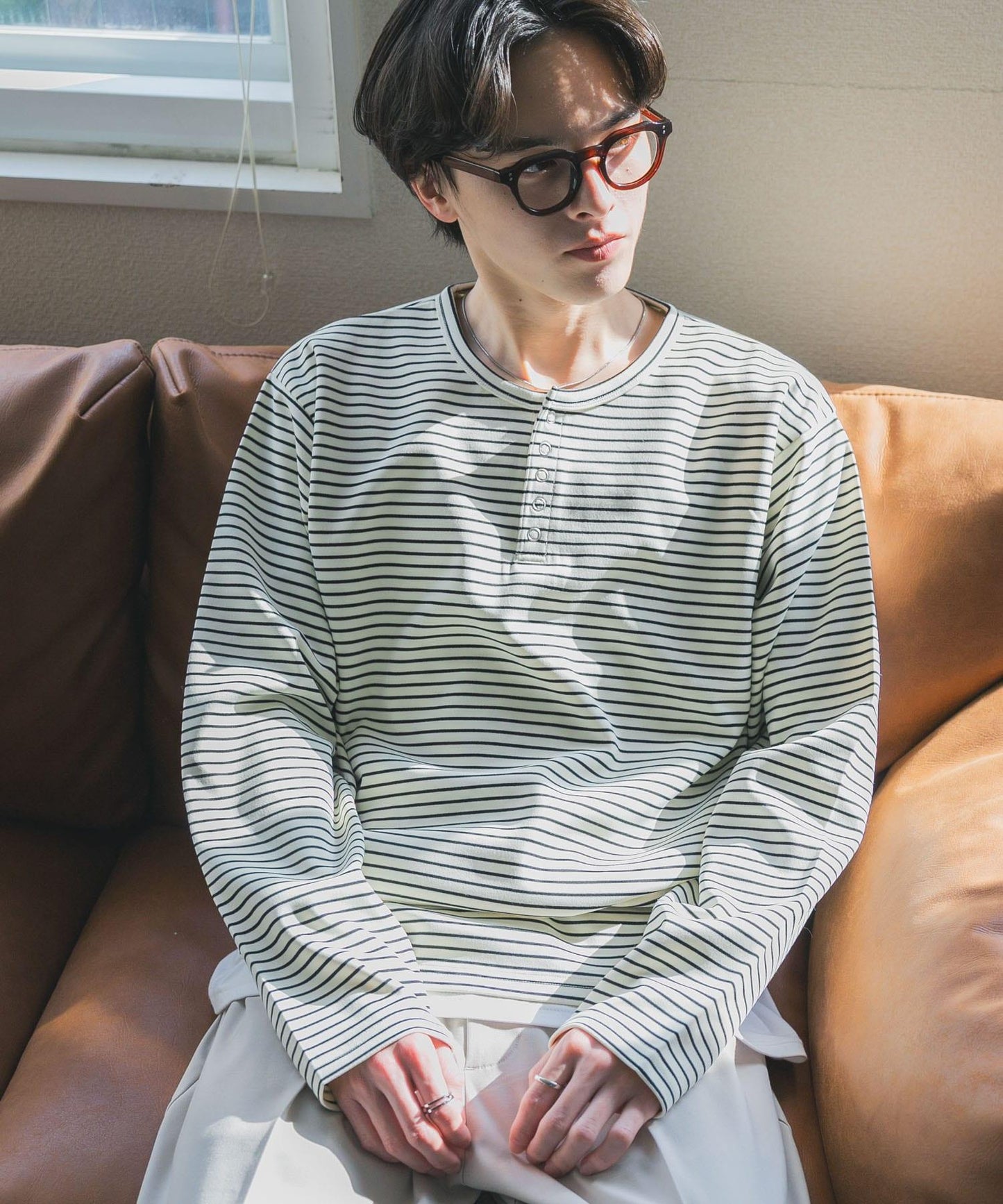 條紋亨利領長袖T恤