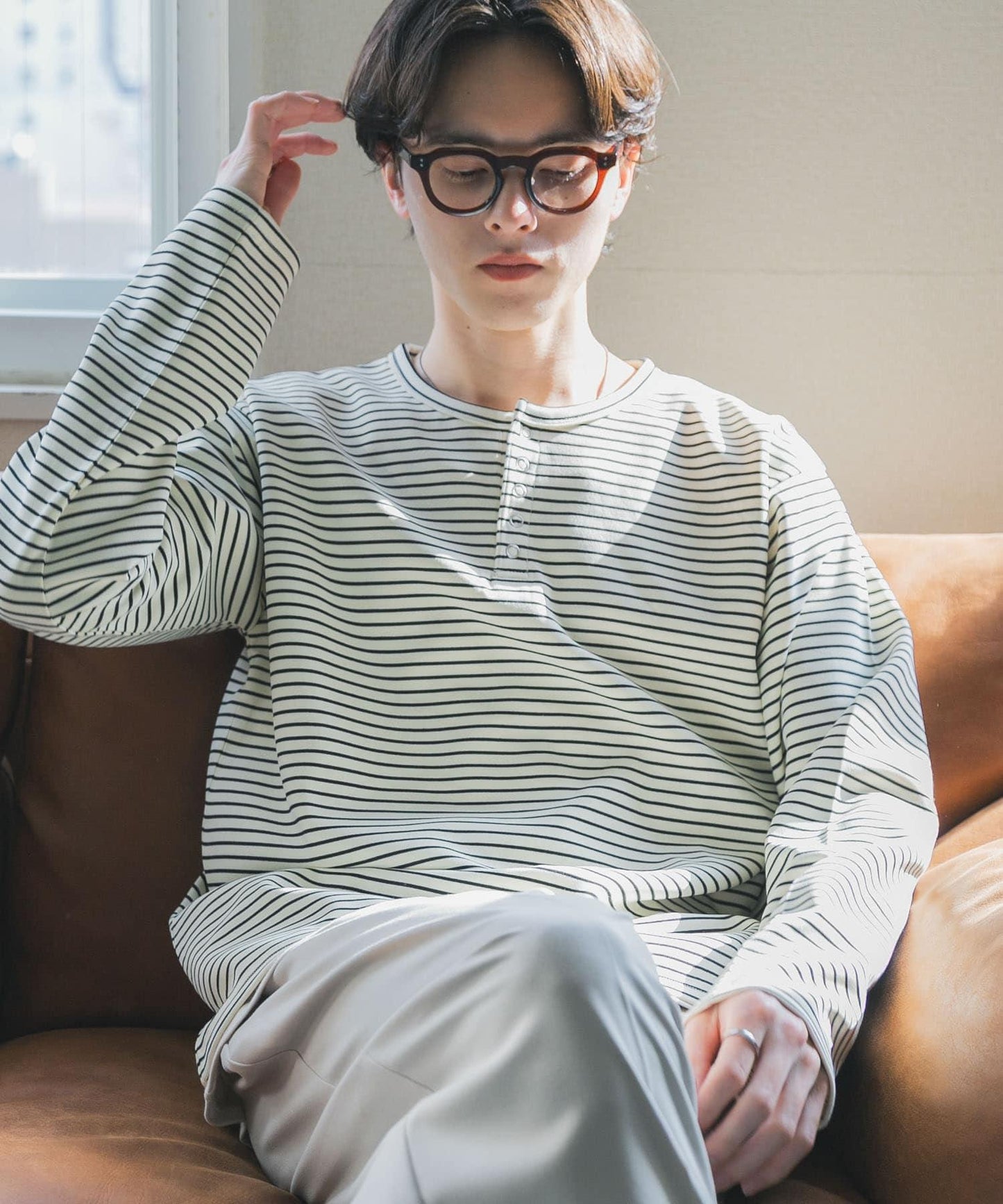 條紋亨利領長袖T恤