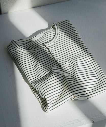 條紋亨利領長袖T恤