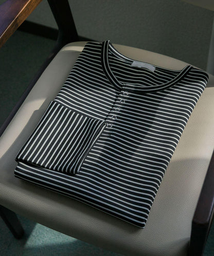 條紋亨利領長袖T恤