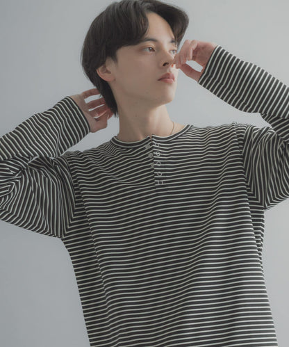 條紋亨利領長袖T恤