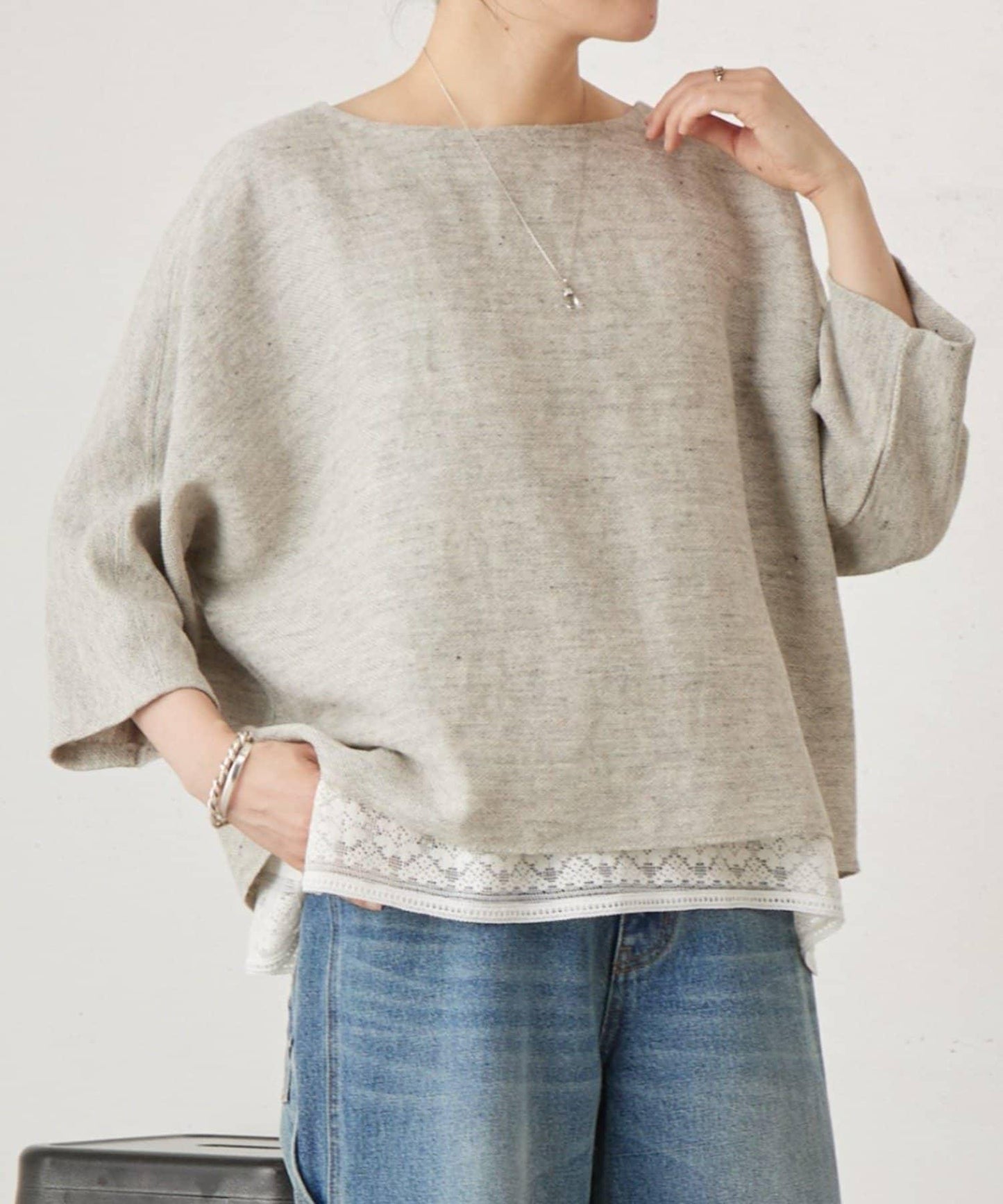 亞麻Inlay針織套頭上衣