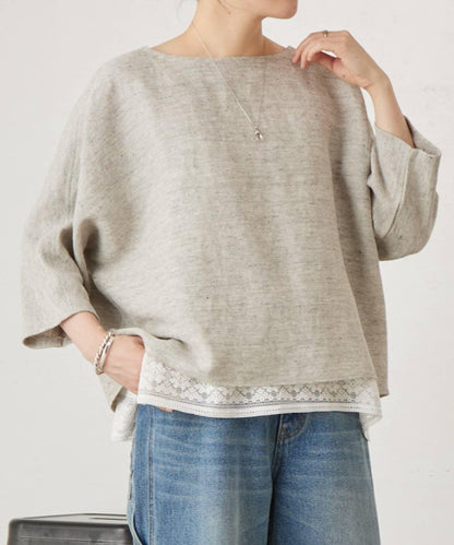亞麻Inlay針織套頭上衣