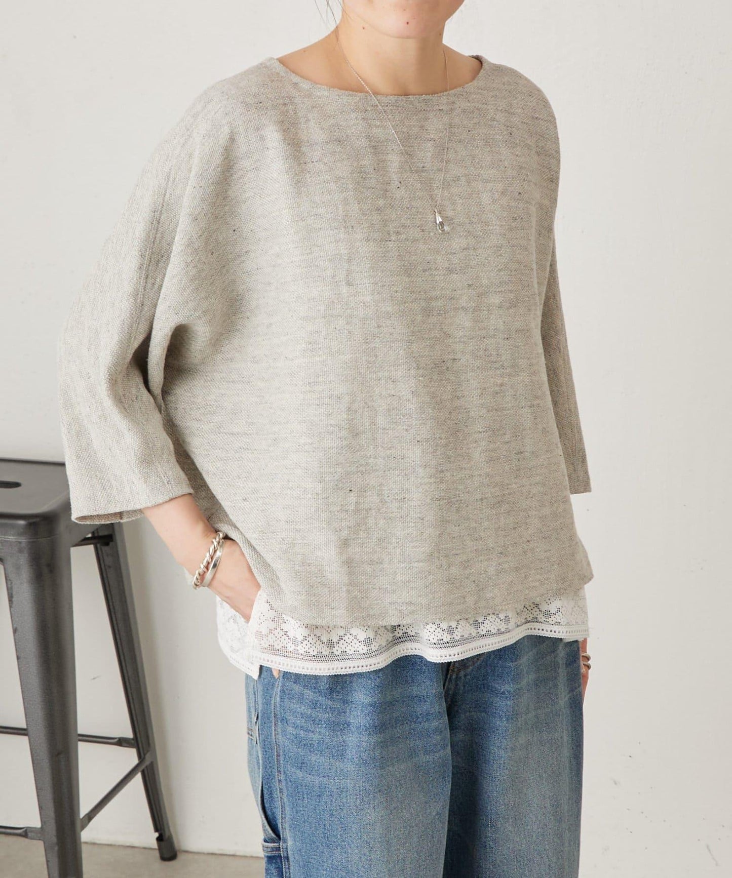 亞麻Inlay針織套頭上衣