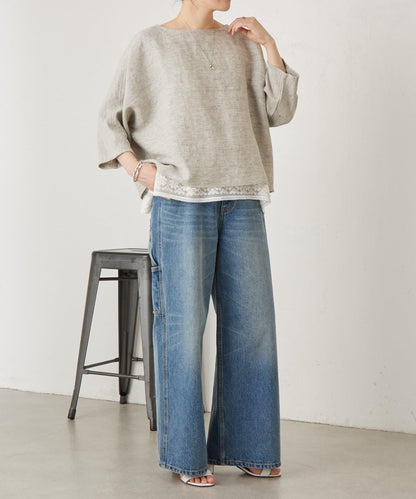 亞麻Inlay針織套頭上衣