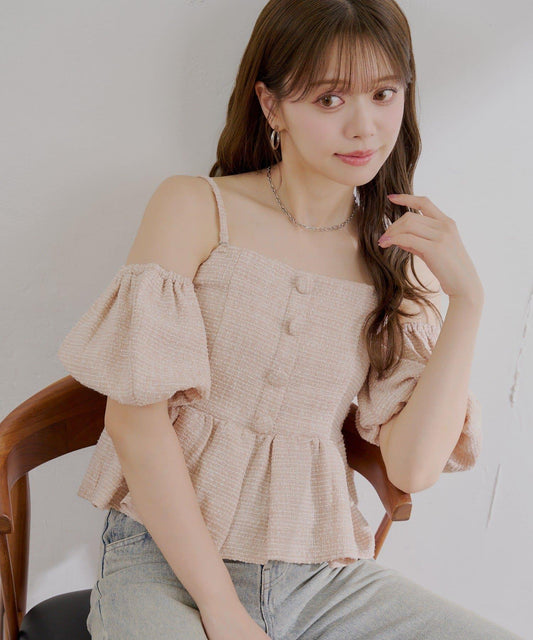 花呢露肩荷葉下襬上衣