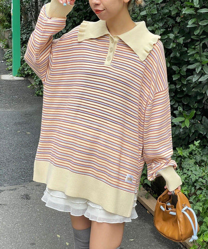 HELLO.SANFRANCISCO 大領條紋設計 POLO款 針織上衣