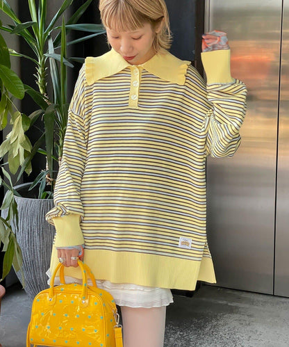 HELLO.SANFRANCISCO 大領條紋設計 POLO款 針織上衣