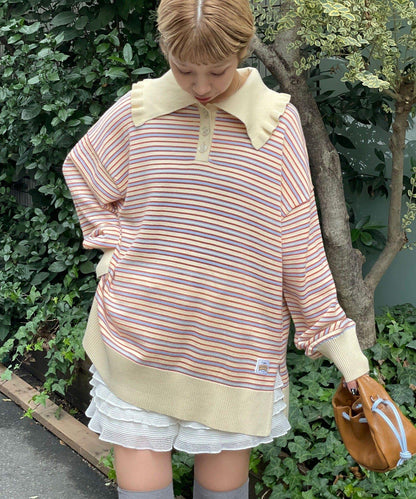 HELLO.SANFRANCISCO 大領條紋設計 POLO款 針織上衣