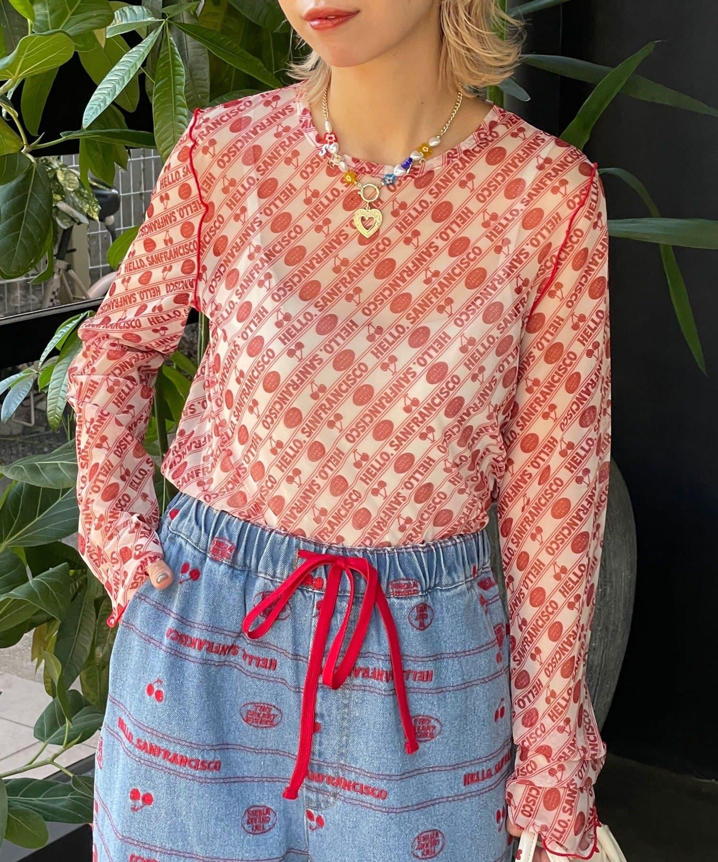 HELLO.SANFRANCISCO 櫻桃圖案 透膚印花 T恤