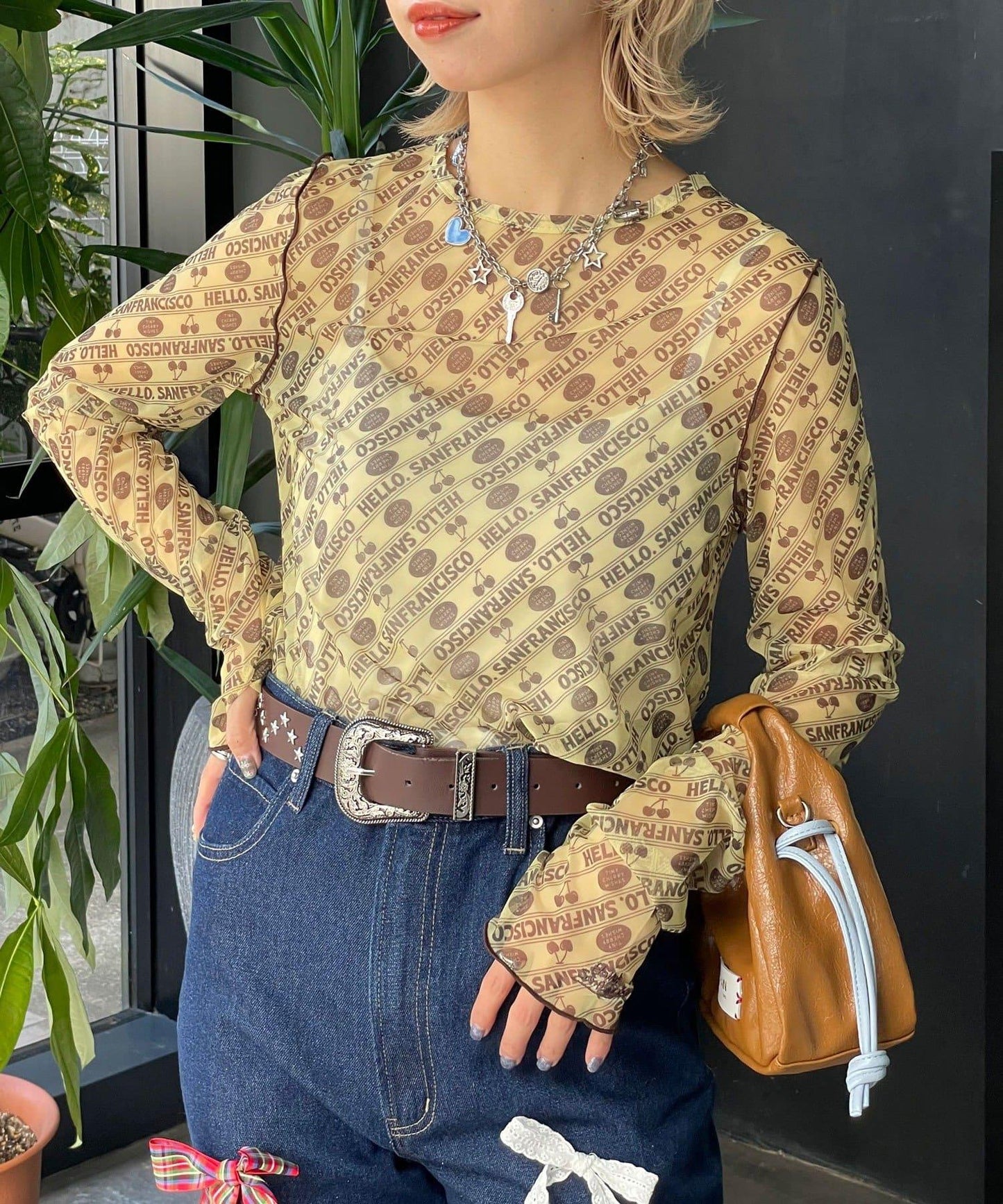 HELLO.SANFRANCISCO 櫻桃圖案 透膚印花 T恤