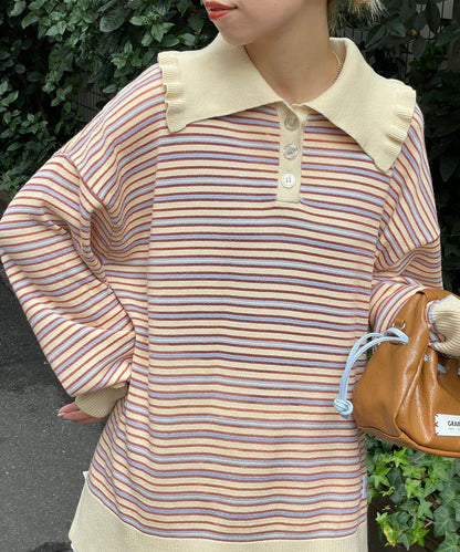 HELLO.SANFRANCISCO 大領條紋設計 POLO款 針織上衣