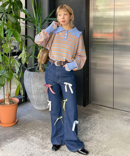 HELLO.SANFRANCISCO 大領條紋設計 POLO款 針織上衣