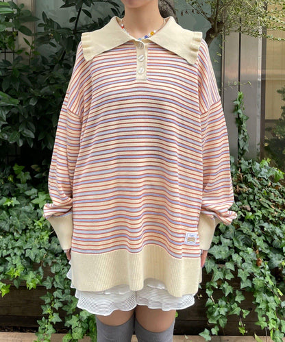 HELLO.SANFRANCISCO 大領條紋設計 POLO款 針織上衣